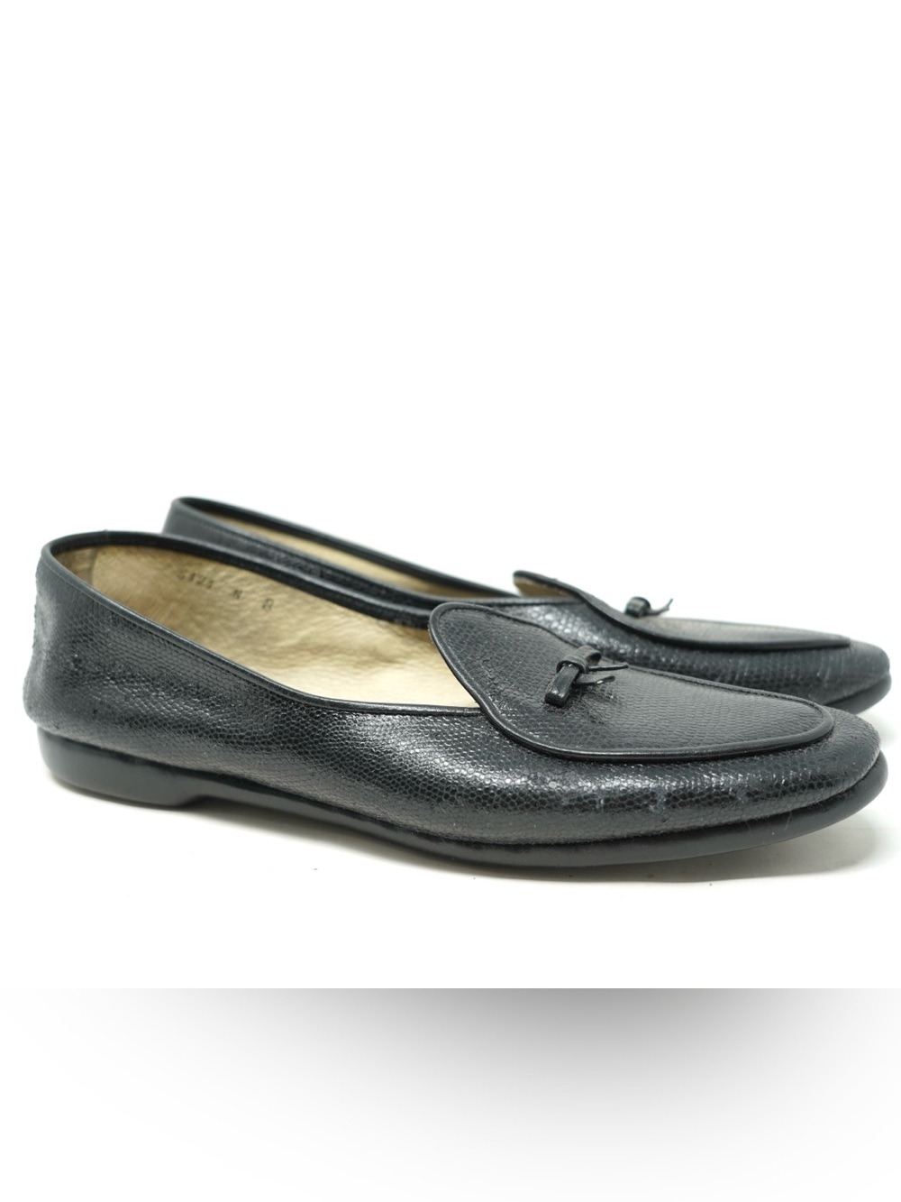 Belgian Shoes Midinette Slippers Black Lizard Leather Loafers Flats Bow Size 8 N